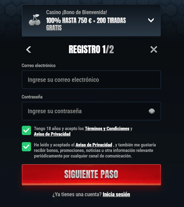 Alta de usuario y acceso a la cuenta personal de Glorion Casino
