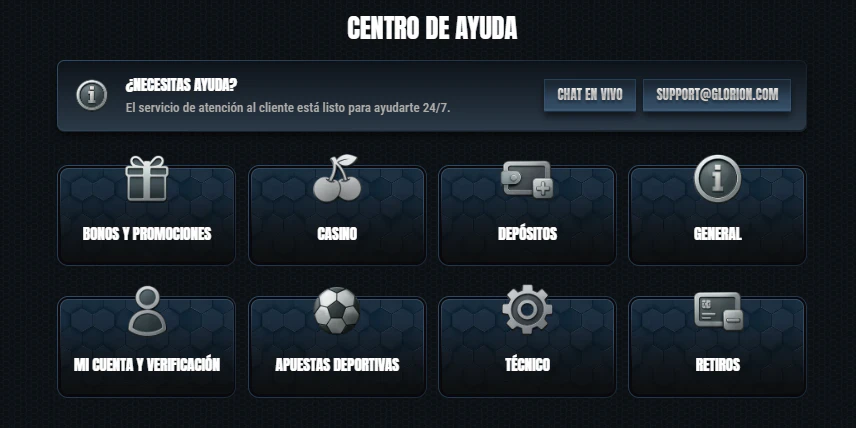 Centro de ayuda y asistencia para jugadores de Glorion Casino